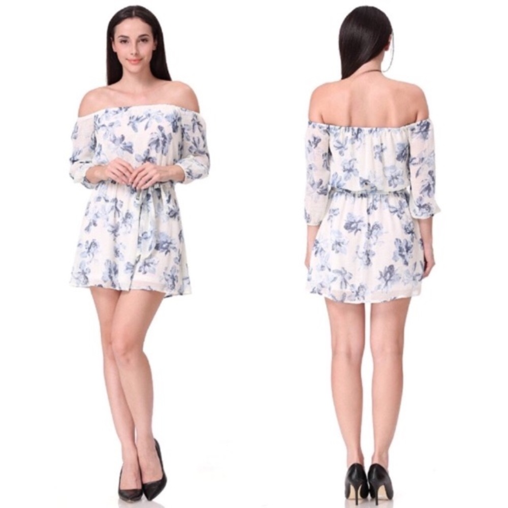 Off Shoulder Blue Floral Tie Waist Half Sleeve Mini Dress - Picture 2 of 2